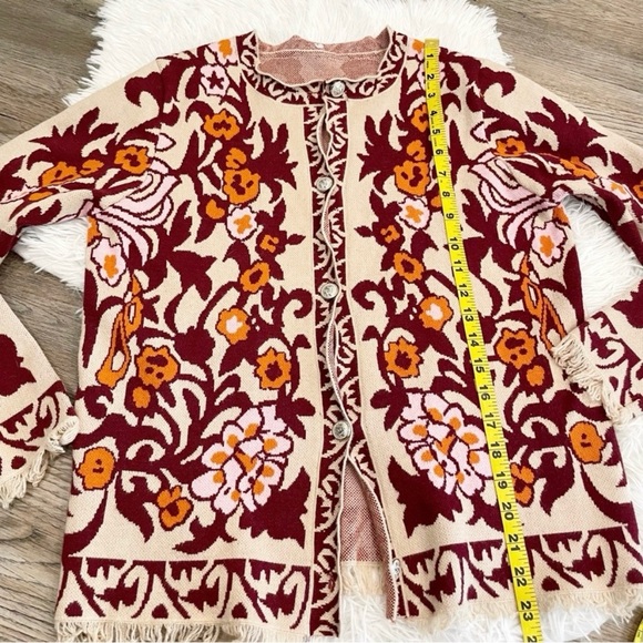 Tapestry Print Sweater Fringe Boho Granny Core Small Cardigan Fall Autumn - Picture 3 of 6
